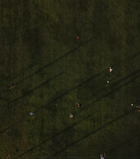 Aerial view of a Gioca training pitch at golden hour